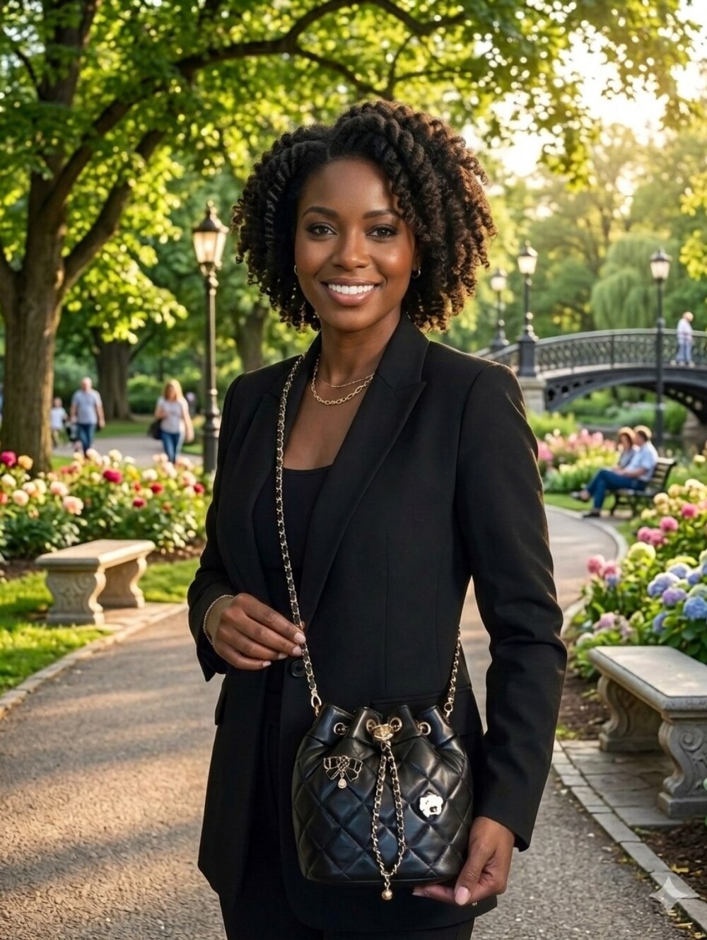 Black Quilted Bucket Bag with Floral Pins - Picture 4 of 14